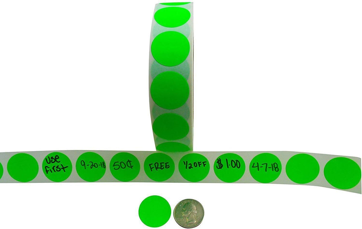 Color Coding Labels + Water Resistant Seals Super Bright Neon Green Round Circle Dots for Organizing Inventory 1 Inch 500 Total Adhesive Stickers