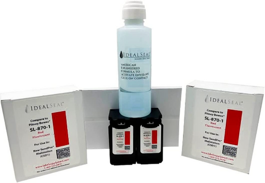 IDEALSEAL Replacement Postage Ink for SL-870-1 Red Ink Cartridge SendPro Mailstation (CSD1) (2 Pack) +(100 Compatible PB 612-9 Labels) + (Compatible PB #601-7 4 oz.Dabber Bottle of Sealing Solution)